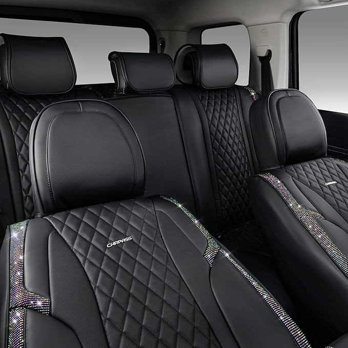 CAR PASS Iridescent Diamond &NAPPA Calfskin Leather Cushioned,Bling Seat Covers,Waterproof Heavy-Duty Anti-Slip,Universal Fit
