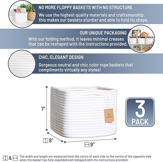 NaturalCozy Storage Cubes 9”x9”x7”Cotton Rope Woven Baskets for Organizing 3-Pack | 9 Inch Cube Storage Bin | Small Basket fo
