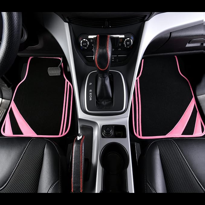 CAR PASS Pink Edge Faux Leather Car Floor Mats Universal Car Carpet Mats with Double Stitch Line Anti-Slip Backing Design, fo