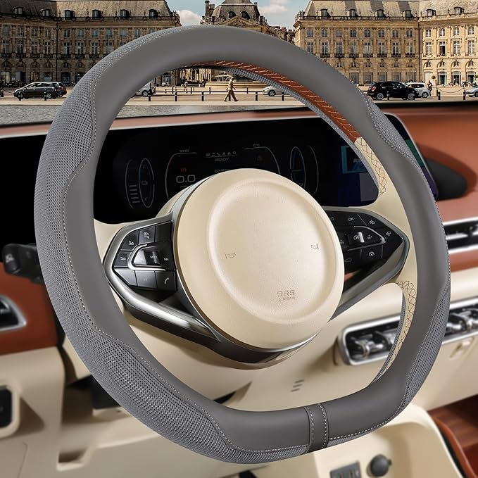 Nappa Leather Gray D Shape Steering Wheel Cover, Advanced Microfiber Leather Non-Slip Breathable Fabric, Warm in Winter and C