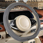 Nappa Leather Gray D Shape Steering Wheel Cover, Advanced Microfiber Leather Non-Slip Breathable Fabric, Warm in Winter and C
