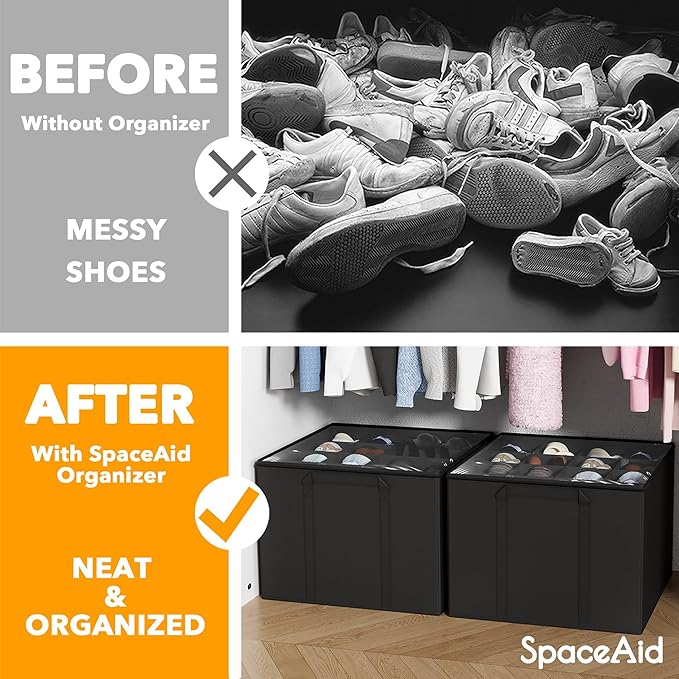SpaceAid Shoe Organizer for Closet, 2 Pack Foldable Shoe Storage Containers Baskets Boxes Bins w/Adjustable Dividers, Fits 16