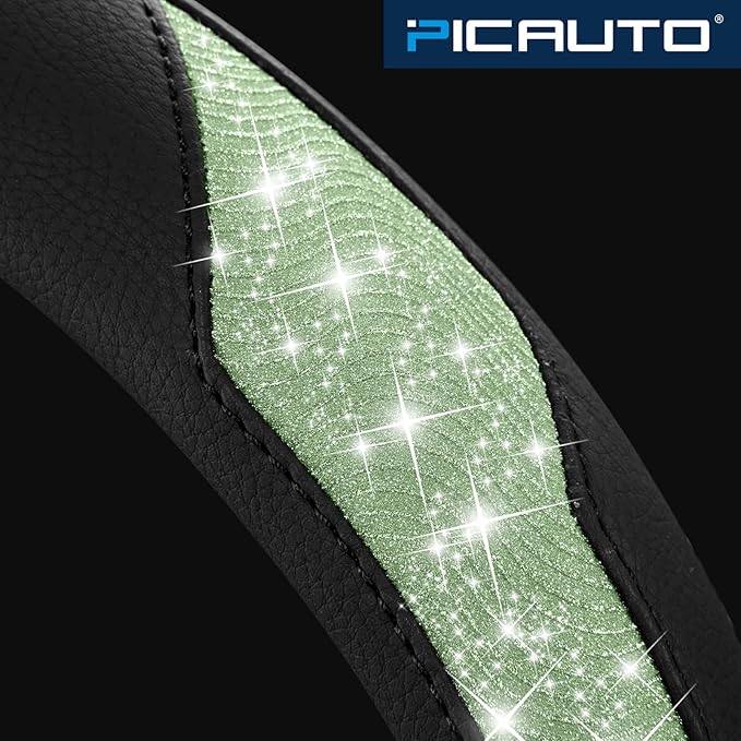 PIC AUTO Steering Wheel Cover, Green Sparkly Crystal Bling Glitter with Leather, Universal Fit 14.5"-15.5" Car Steering Wheel
