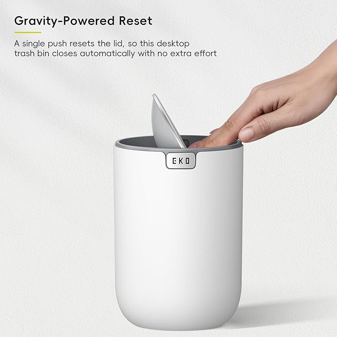 EKO Mini Desk Trash Can with Swing-Top Lid 0.4 Gallon Small Table Round Wastebasket for Office, Home, Car (White)