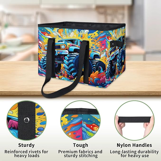 Reusable Grocery Bags Heavy Duty Shopping Bags Foldable Large Tote Bags with Long Handles & Hard Bottom
