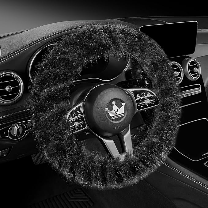 Fuzzy Winter Steering Wheel Cover for Women, Warm Cute Fluffy Car Wheel Cover for Sedan, SUV, Soft Furry Girly Plush Car Handle Cover for Cold Weather, 14.75-15.15in, Black