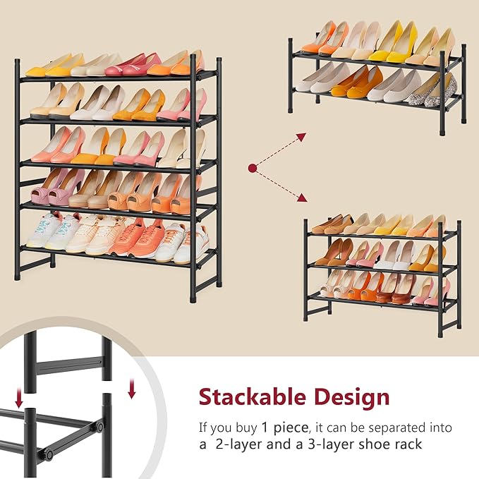 Tajsoon Expandable Shoe Rack for Closet 5 Tier, 29“-41“Adjustable & Stackable Shoe Shelf Storage, Metal Shoe Rack Organizer f