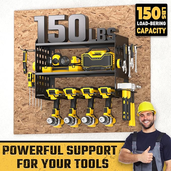 SPACECARE Power Tool Organizer, Drill Holder Wall Mount with 2 Side Pegboards with Hooks, 3 Layer Garage Organization Heavy D