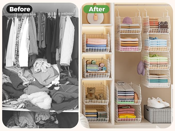 4" Extra Deeper Foldable Hanging Closet Organizer, Small Wire Cabinet Shelves and Storage with 5 S Hooks,4 Tier Metal Basket 