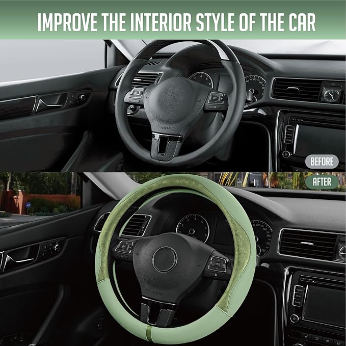 PIC AUTO Steering Wheel Cover, Green Patterned Leather Patchwork Design, Universal Fit 14.5"–15.5", Anti-Slip, Odor-Free, Sof