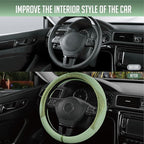 PIC AUTO Steering Wheel Cover, Green Patterned Leather Patchwork Design, Universal Fit 14.5"–15.5", Anti-Slip, Odor-Free, Sof