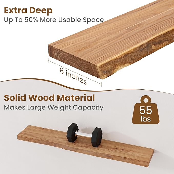 Floating Shelves for Wall Decor, Rustic Solid Elm Wood Live Edge Floating Shelves Wall Mounted, Wall Shelves with Invisible B
