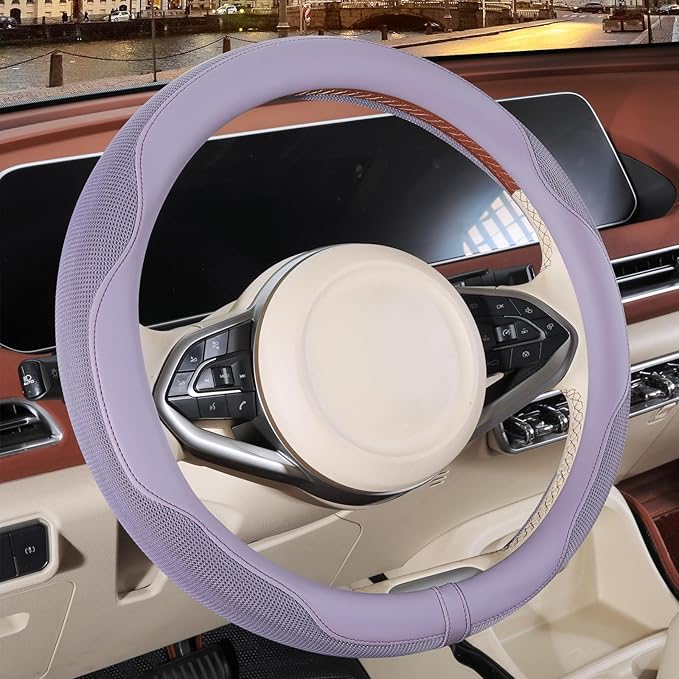 14 inch Steering Wheel Cover for Prius Civic, Nappa Microfiber Leather Non-Slip Breathable Fabric, Warm in Winter and Cool in