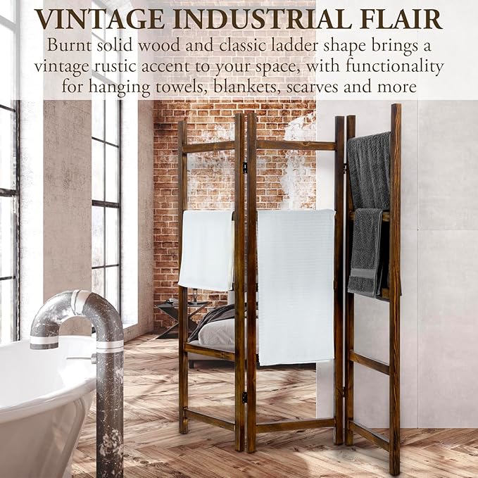 Blanket Ladder,Burnt Wood Blanket Ladder 59" H Freestanding and Folding, 6 Tier and 3 Panel Towel Rack for Bathroom, Decorati