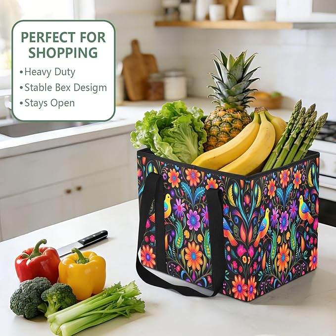 Mexican Art Design Reusable Grocery Bags Large Shopping Tote Bag with Reinforced Bottom Board, Water Resistant Foldable Stora