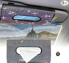 Car Sun Visor Mask Box Holder Leather Sparkling Bling Bling Multicolor Crystals Mask Cover Case & Glitter Mask Hook Clip for Women（AB Color）