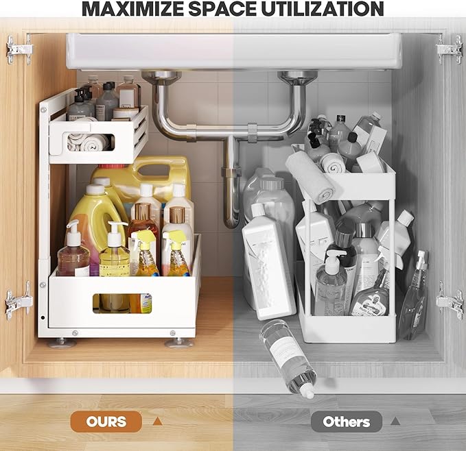 2 Pack Under Sink Organizer,Pull Out Cabinet Organizer With Smooth Cylindrical Rail,Metal Slide Out Drawer for Kitchen Bathro