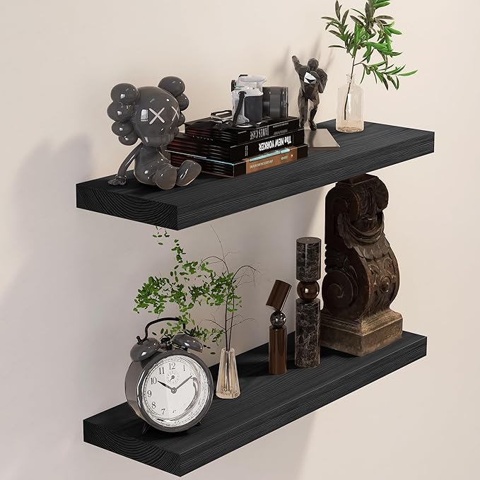 BGMG Wood Floating Shelves for Wall 24 inch,Black Floating Shelves,Solid Wood Wall Mount Shelves for Bathroom Living Room Bed