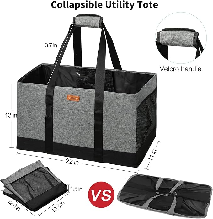 WONDAY Extra Large Foldable Grocery Tote Bag With Handles for Storage, Picnics, Beach, Pool, Laundry - Reusable Shopping Bag (Grey)
