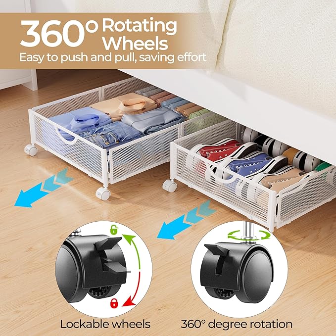 Yecaye Under Bed Storage with Wheels, 2 Pack Under Bed Shoe Storage Organizer Drawer, Tool-free Assembly Metal Underbed Stora