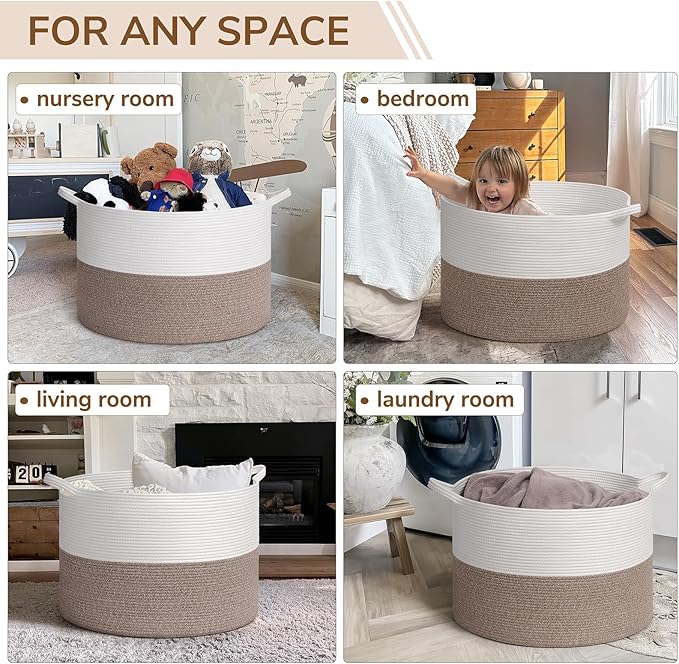 INDRESSME 115L Extra Large Blanket Basket, Soft Cotton Rope Storage Basket for Organizing, Home Decor, Toys, Laundry & Towels