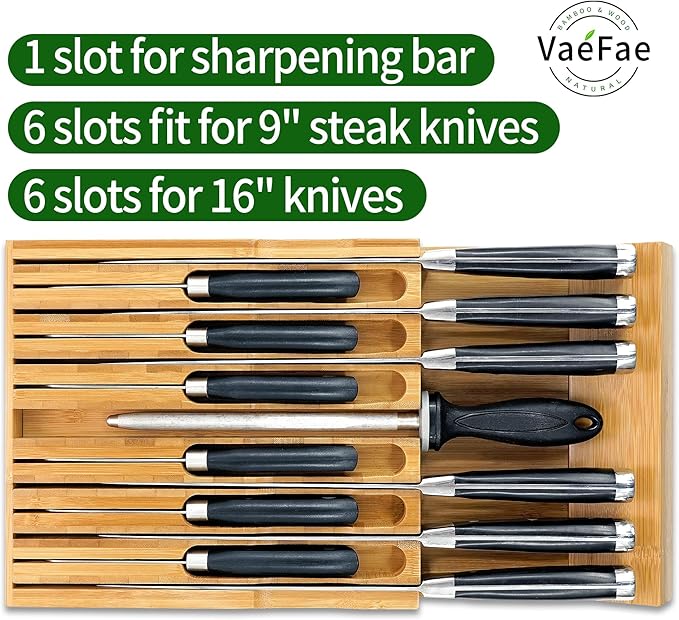 VaeFae Adjustable Bamboo Drawer Dividers and Bamboo Knife Drawer Organizer Bundle