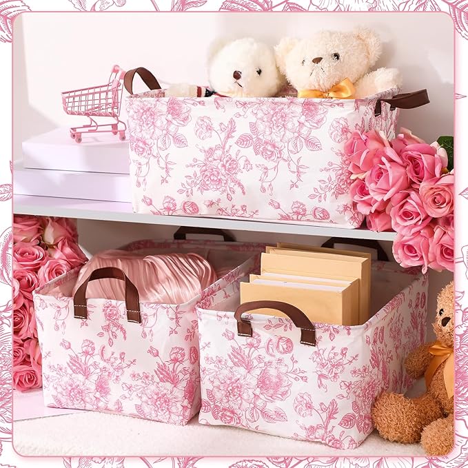 Boao 3 Pcs Pink Floral Foldable Storage Baskets Pink Hydrangea Laundry Basket with Handles Waterproof Storage Bins Fabric She
