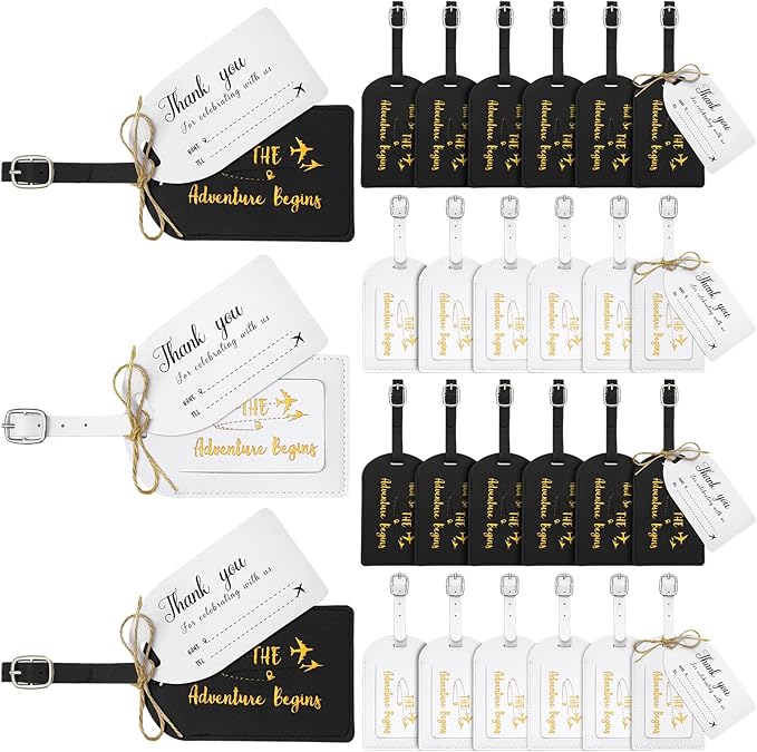 Sweetude 48 Sets Leather Luggage Tag Bulk and So The Adventure Begins Luggage Tags with Name Card for Wedding Bridal Shower B