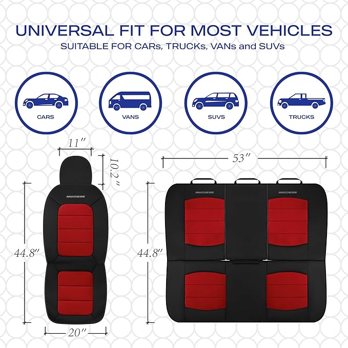 Skechers Memory Foam Seat Covers,Thick Cool Touch Fabric Car Seat Covers,Car Seat Cover Full Set,Airbag Compatible,Automotive