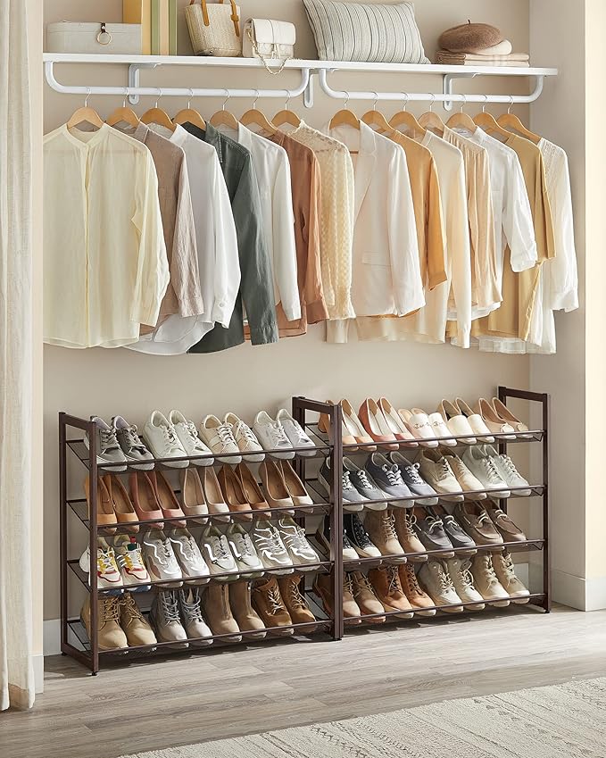 SONGMICS Shoe Rack, 8-Tier Shoe Organizer, Metal Rack for Garage, Set of 2, 4-Tier Stackable Shelf, with Adjustable Flat or A