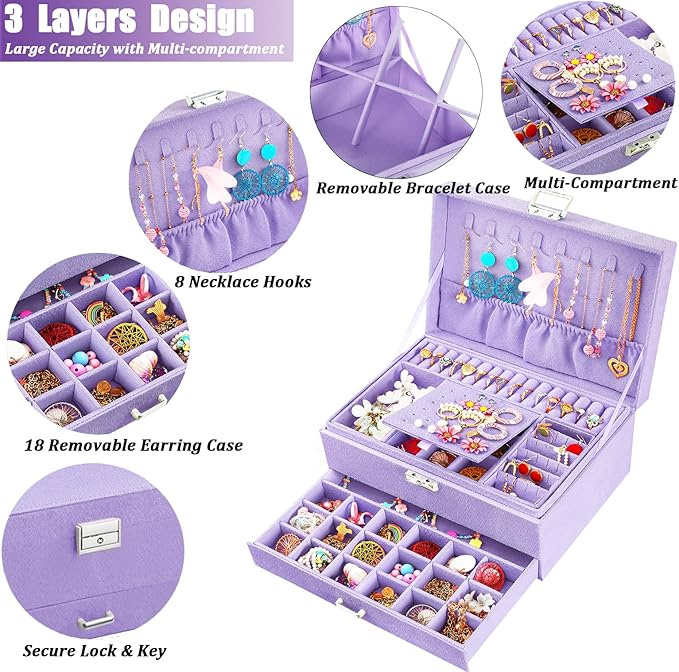 QBestry 3-Layer Jewelry Box for Girls & Teens with Lock and Key, Large Jewelry Organizer with 8 Necklace Hooks & 56 Earring H