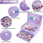 QBestry 3-Layer Jewelry Box for Girls & Teens with Lock and Key, Large Jewelry Organizer with 8 Necklace Hooks & 56 Earring H