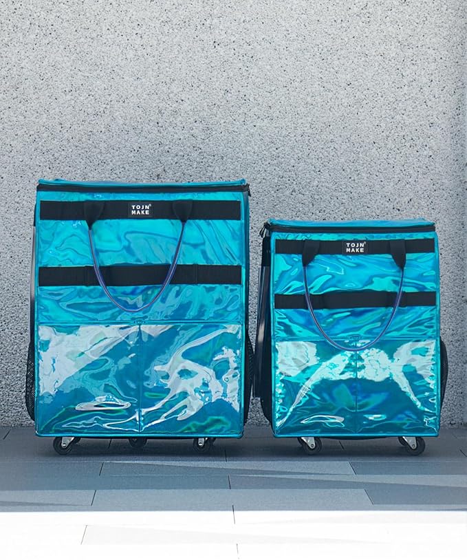Reusable Grocery Bag with Wheels, Shopping Trolley with 8 Pockets and Zipper Cover Foldable Rolling Tote for Women, Kitchen, Travel, Carries Up to 66LBS (Large, Glitter Blue)