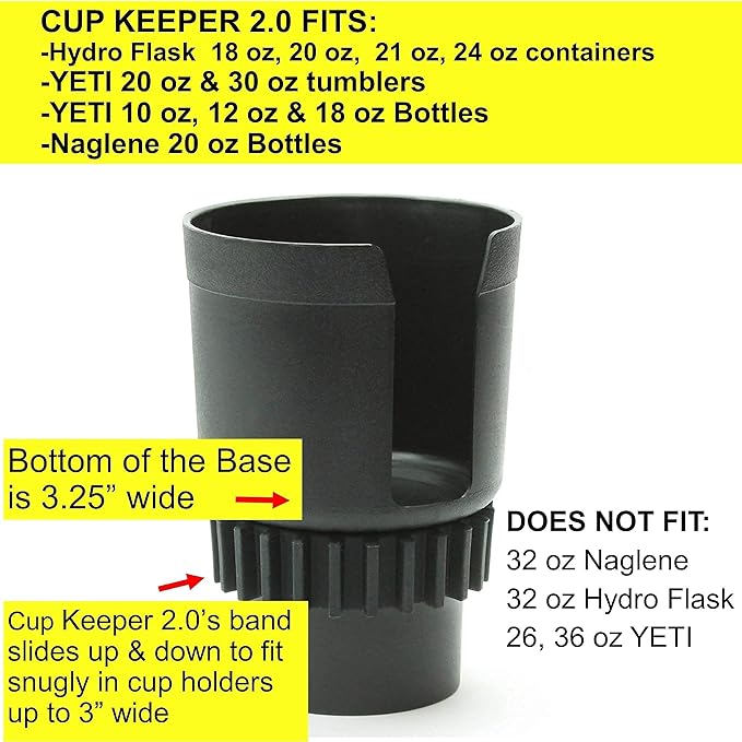 Gadjit Cup Keeper 2.0 (2 PK) Cup Holder Adapter w/Beverage Band Expander fits into car Cup Holders 2.5-3" Wide for Hydro Flas