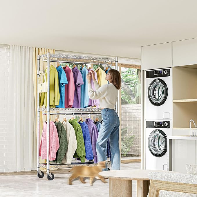 M MZG Heavy Duty Rolling Garment Rack 3 Tiers Adjustable Wire Shelving Clothes Rack with 2 Rods and Side Hooks,Storage Closet