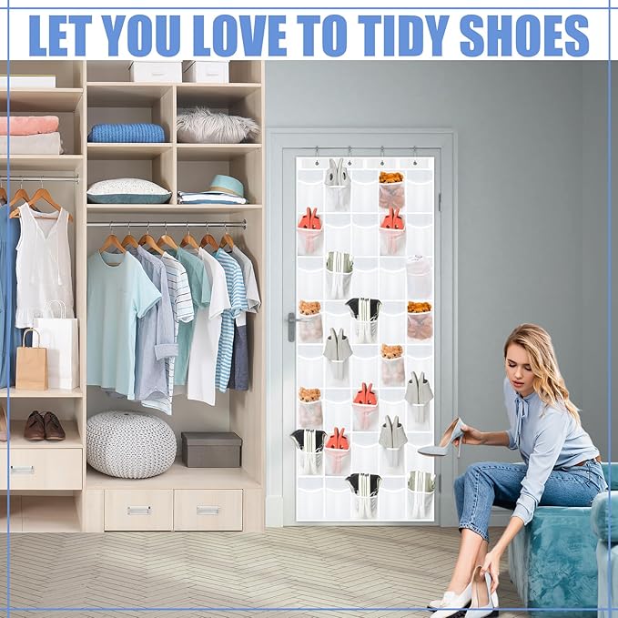 Windyun 40 Over the Door Shoe Organizer Large Breathable Mesh Pocket Clear White Hanging Shoe Rack for Closet Behind Door Han