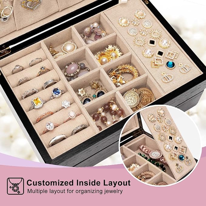 Pinzoveco Jewelry Box for Women, Rustic Wooden Jewelry Organizer Box for Storage Earrings Rings Necklace Bracelet, Farmhouse 