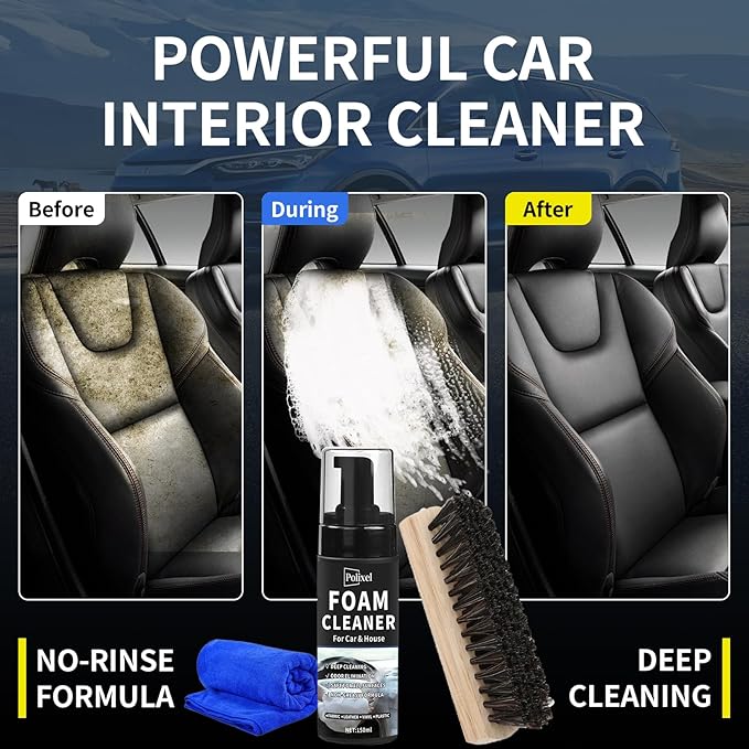 Car Interior Foam Cleaner - Powerful Waterless Carpet Upholstery & Seat Stain Remover for Leather, Fabric, Vinyl - Auto Detai