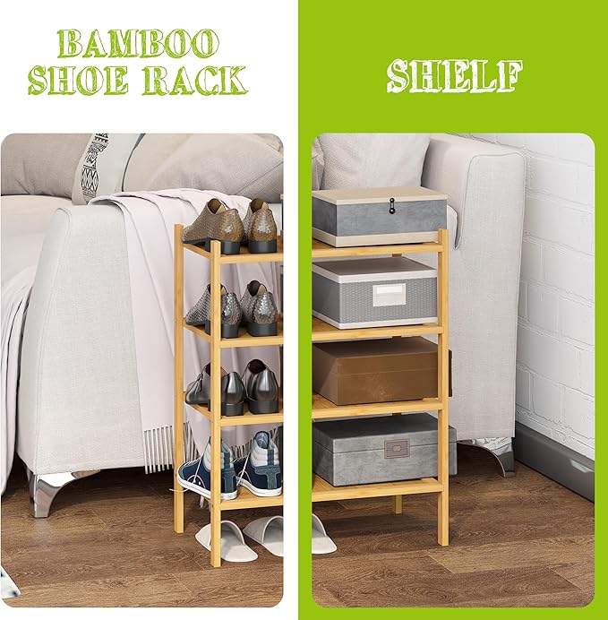 BMOSU 4-Tier Bamboo Small Shoe Rack Premium Stackable Shoe Shelf Storage Organizer for Hallway Closet Living Room Entryway Or