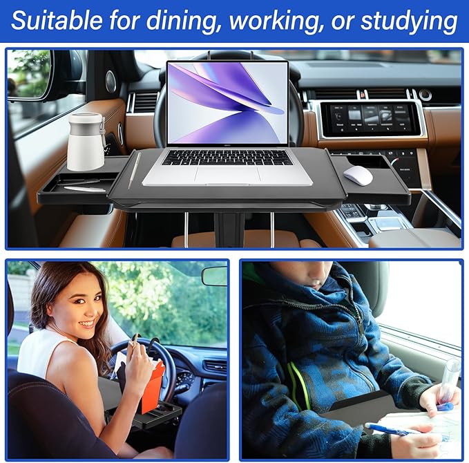 Large Car Steering Wheel Tray, Adjustable Back Seat Headrest Tray, Laptop Mount Steering Wheel Desk with Drawer, Car Tray Cup Slot and Tablet Slot with Phone Holder for Large SUV,Truck,Van