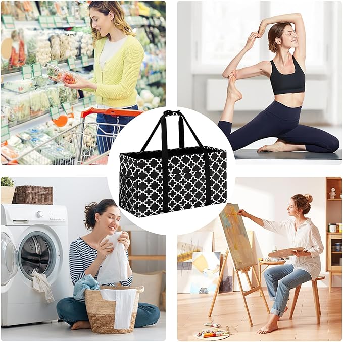 GhvyenntteS Extra Large Utility Tote Bag - Stand Up Utility Tote with Metal Wire Frame & Hard Bottom Board, Reusable Grocery Bags With Handles for Storage, Picnics, Beach, Pool, Laundry, Car, Camping
