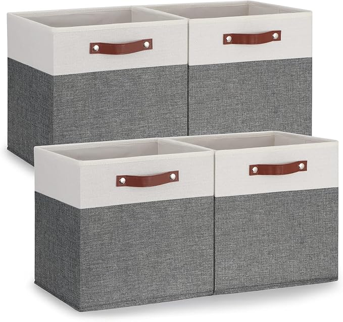 Temary 13x13 Storage Cubes 4 Pack Fabric Cube Storage Bins Large Storage Baskets with Leather Handles, Decorative Storage Box