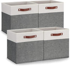 Temary 13x13 Storage Cubes 4 Pack Fabric Cube Storage Bins Large Storage Baskets with Leather Handles, Decorative Storage Box