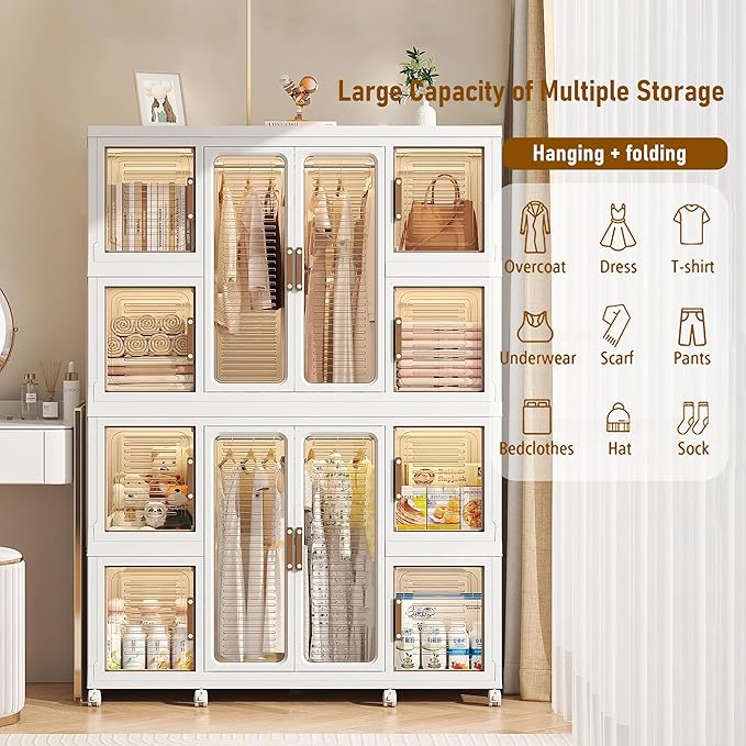 Portable Wardrobe Closet Storage Organizer for Clothes, Plastic Collapsible Closet Organizer with Magnetic Transparent Door, 
