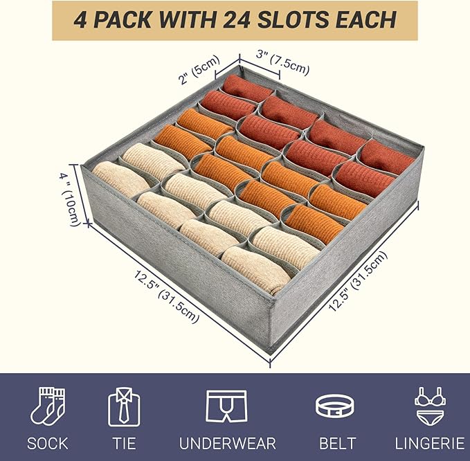 PINGMIC Gray Sock Organizer Divider 2 Pack - 24 Cell Foldable Closet Storage, Tie Organizer For Men Boxes for Socks, Ties, Be