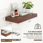 12 Inch Deep Floating Shelves | 24 Inch Walnut Floating Shelves | 24" W x 12" D Rustic Wood Shelves for Wall | Deep Shelves f