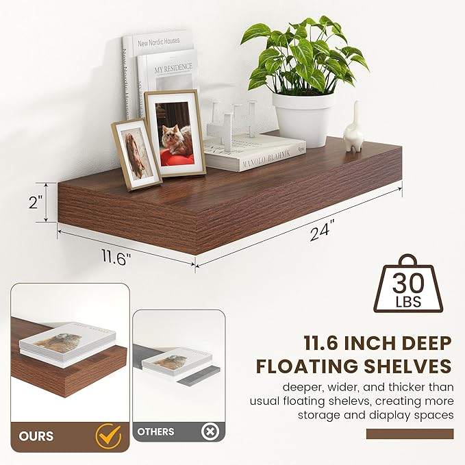 12 Inch Deep Floating Shelves | 24 Inch Walnut Floating Shelves | 24" W x 12" D Rustic Wood Shelves for Wall | Deep Shelves f