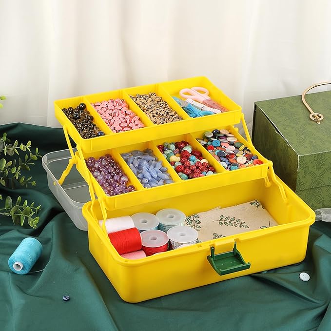 BTSKY 3-Layer Plastic Dividing Storage Box Craft Organizer with Adjustable Spacers Portable Handled Art Supply Organizer Mult