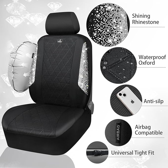 CAR PASS Oxford Bling Diamond Car Seat Covers Full Set Interior Sets, Waterproof Shining Glitter Sparkly Crystal Universal Ar