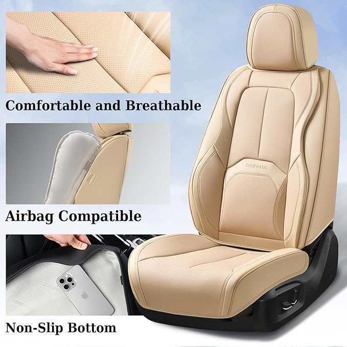 Coverado Car Seat Covers Full Set, Premium Nappa Leather Seat Covers for Car, Waterproof Car Seat Protector with Lumbar Suppo